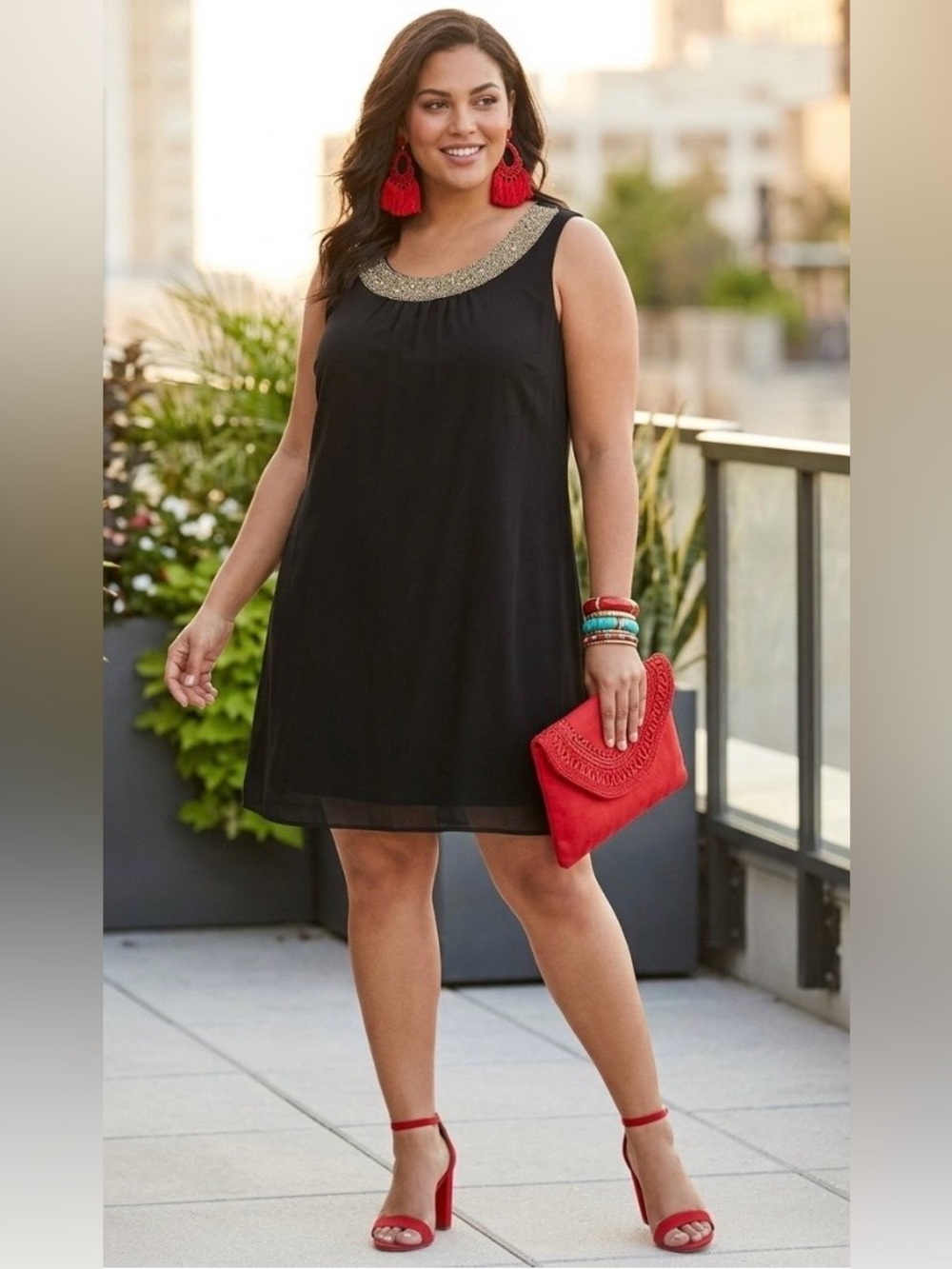 R&M Richards Black Midi Dress with Gold Beaded Neckline (2  Pieces X ONE PRICE)